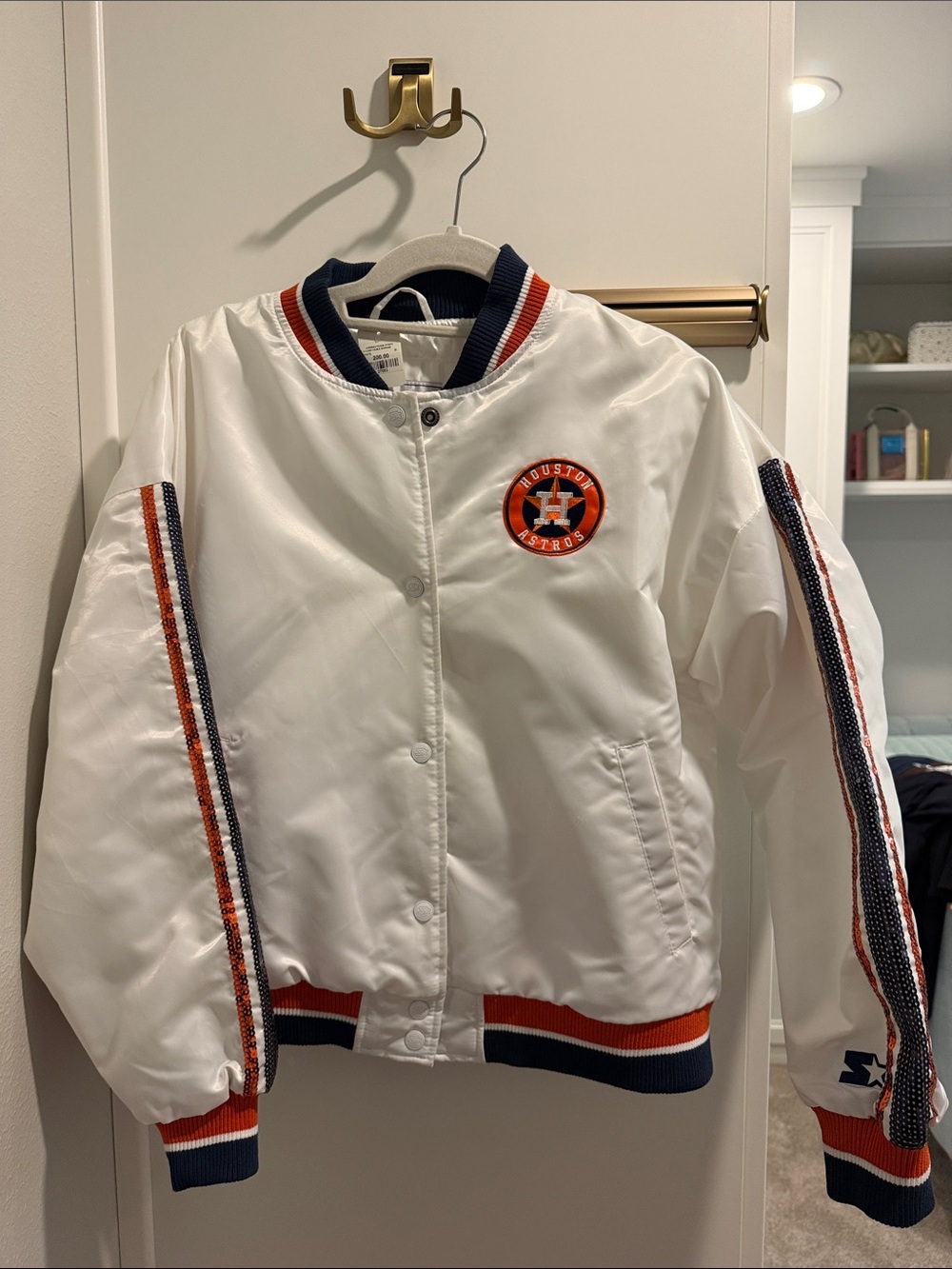 STARTER White Satin Bomber Jacket with Navy & Orange Trim